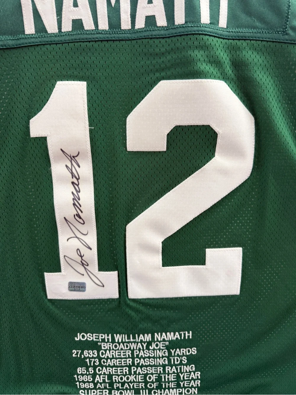 Joe Namath #12 Green Signed Jersey - Picture 2 of 4